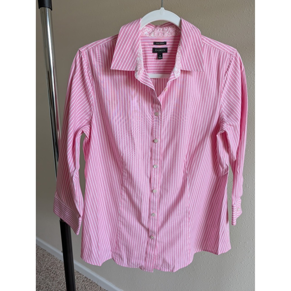 Talbots Pink White Striped Wrinkle Resistant Button Down Shirt Floral Trim 8